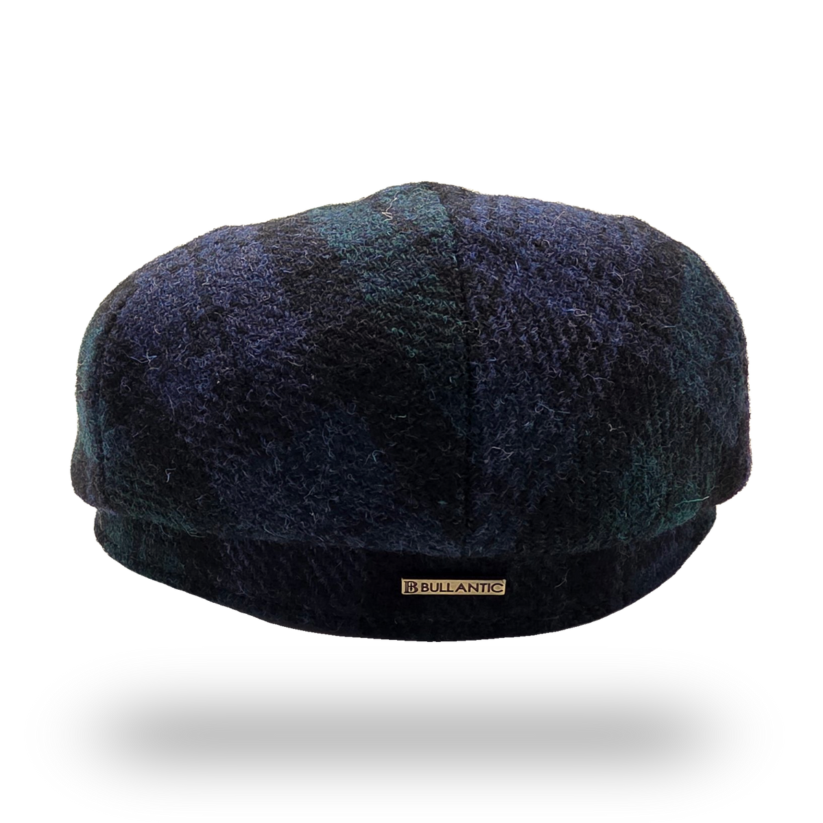 Black Watch Tartan Harris Tweed Flat Cap, back view with Bullantic bar badge