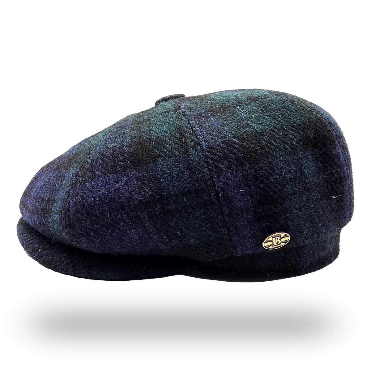 Black Watch Tartan Harris Tweed Newsboy Cap, side view