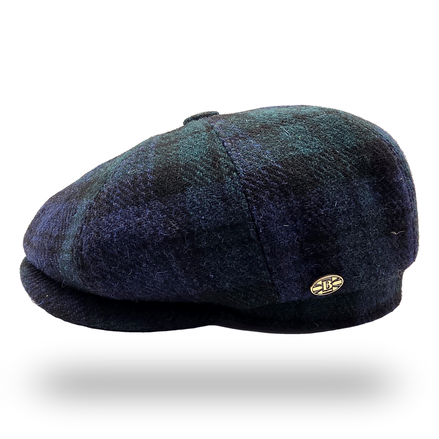 Black Watch Tartan Harris Tweed Newsboy Cap, side view