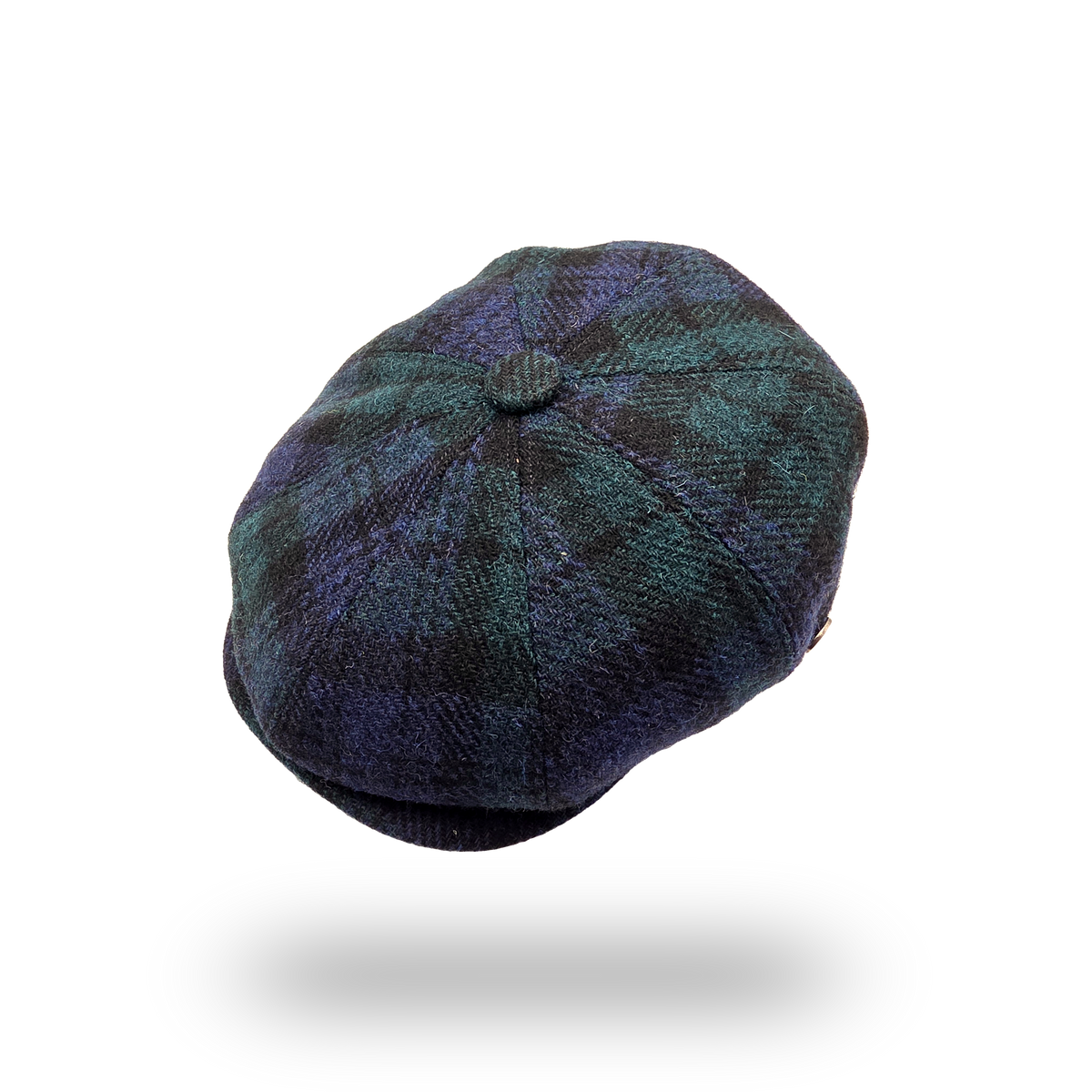 Black Watch Tartan Harris Tweed Newsboy Cap, top view showing eight panels and button