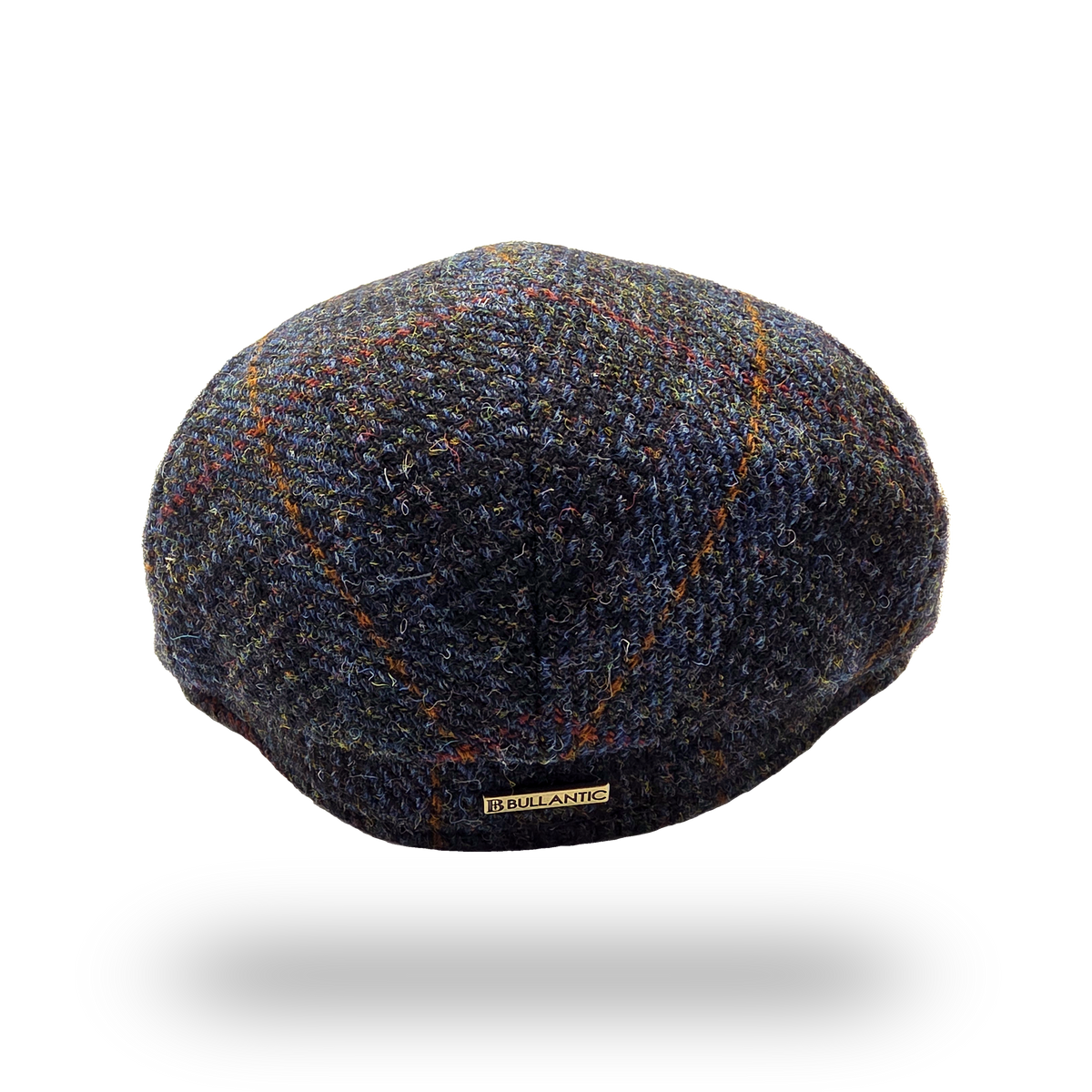 Eriskay Blue Overcheck Harris Tweed Flat Cap, back view with Bullantic bar badge