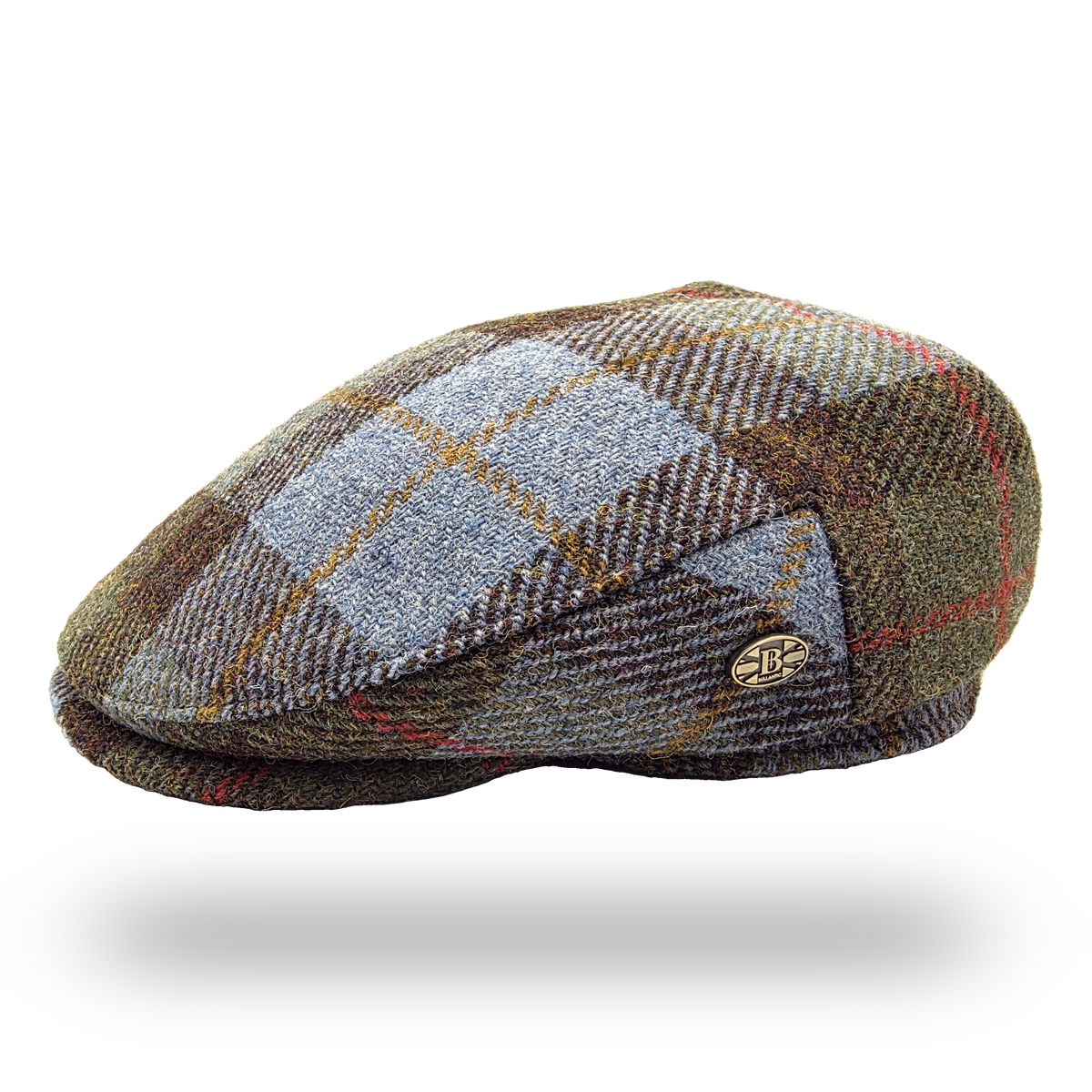 Uist Blue Tartan Harris Tweed Flat Cap, side view