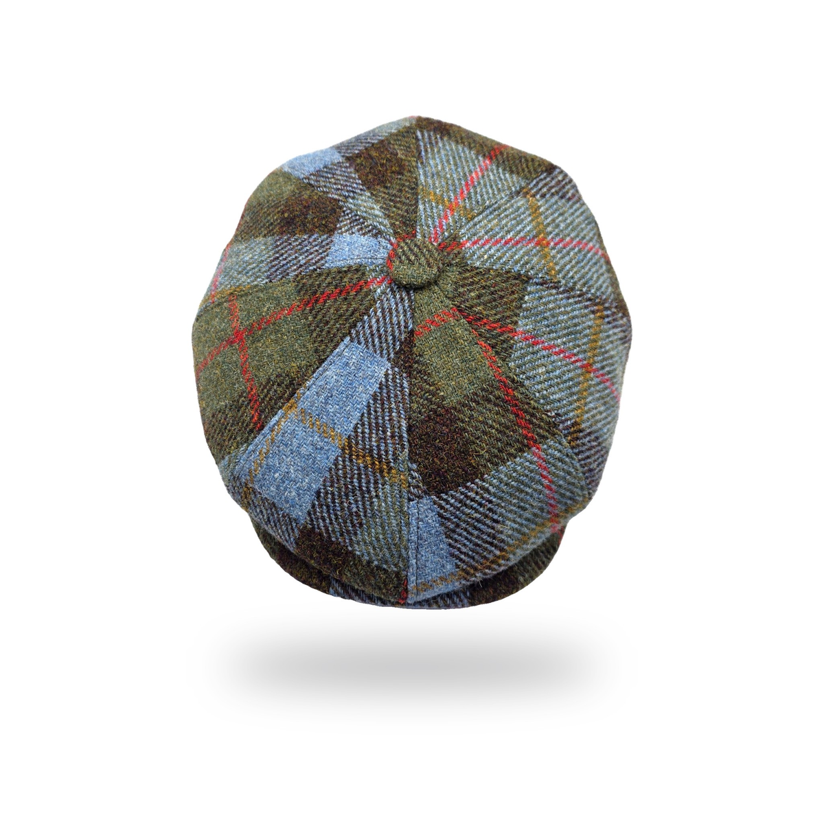 Hebridean Tartan Harris Tweed Newsboy Cap, top view showing eight panels and button