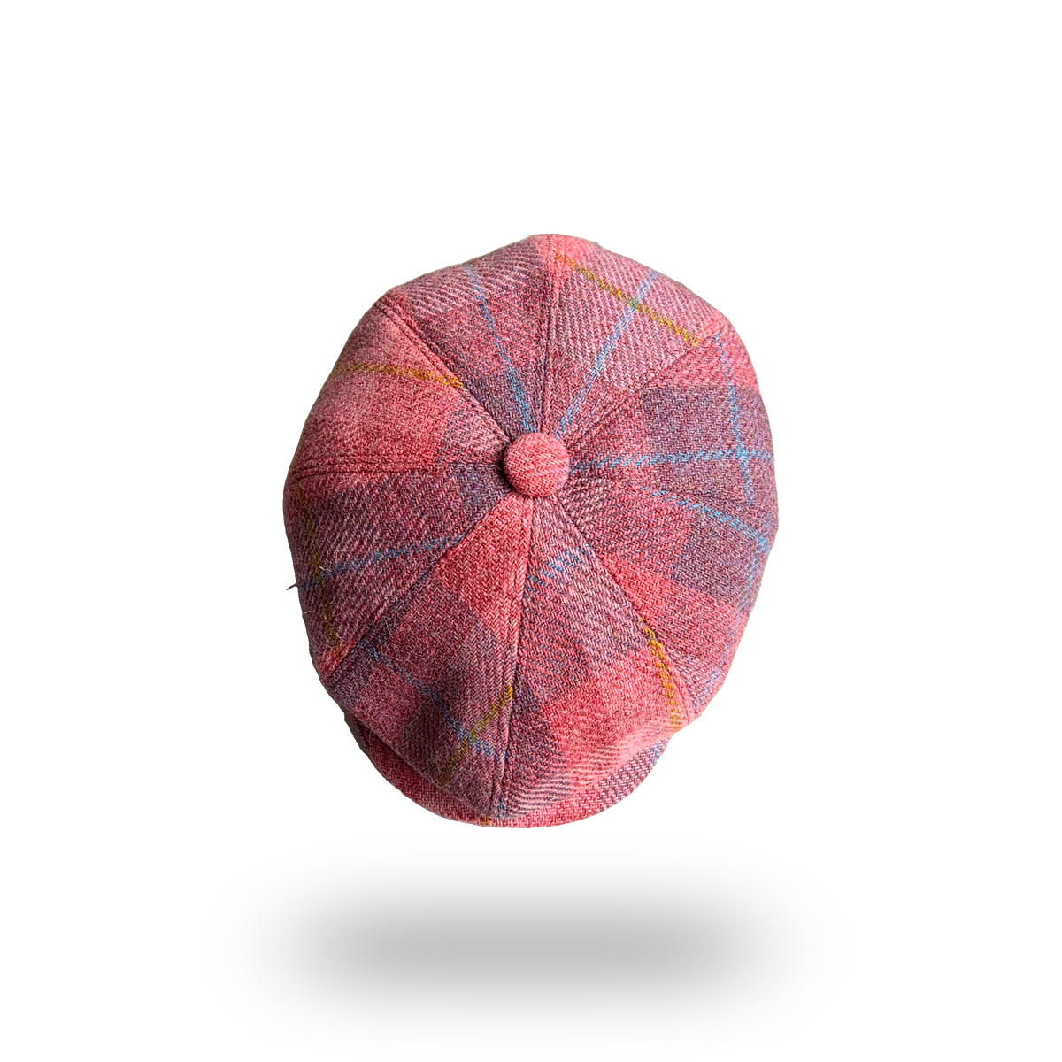 Machair Pink Tartan Harris Tweed Newsboy Cap, top view showing eight panels and button