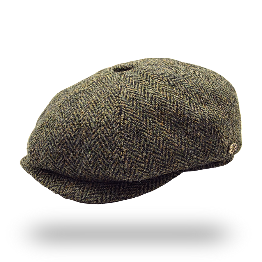 Harris Tweed Herringbone Newsboy Cap in olive, side view
