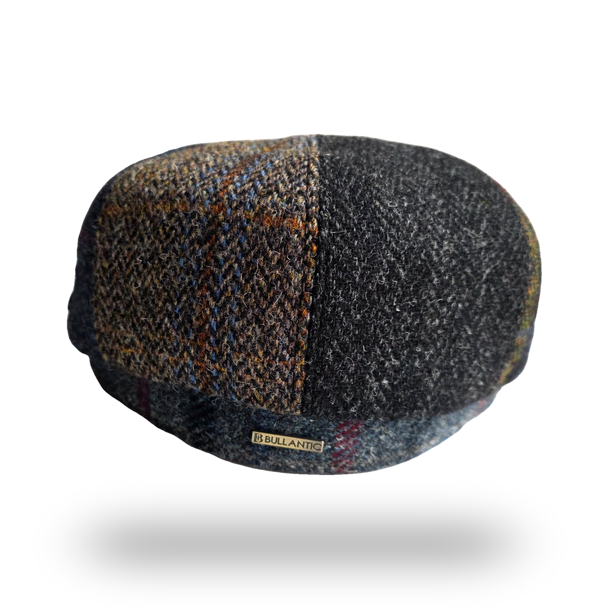 Patchwork tweed newsboy cap, back view with Bullantic bar badge