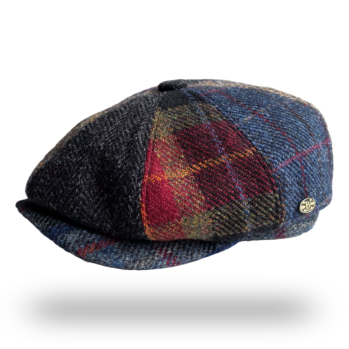 Bullantic patchwork tweed newsboy cap, side view with B badge