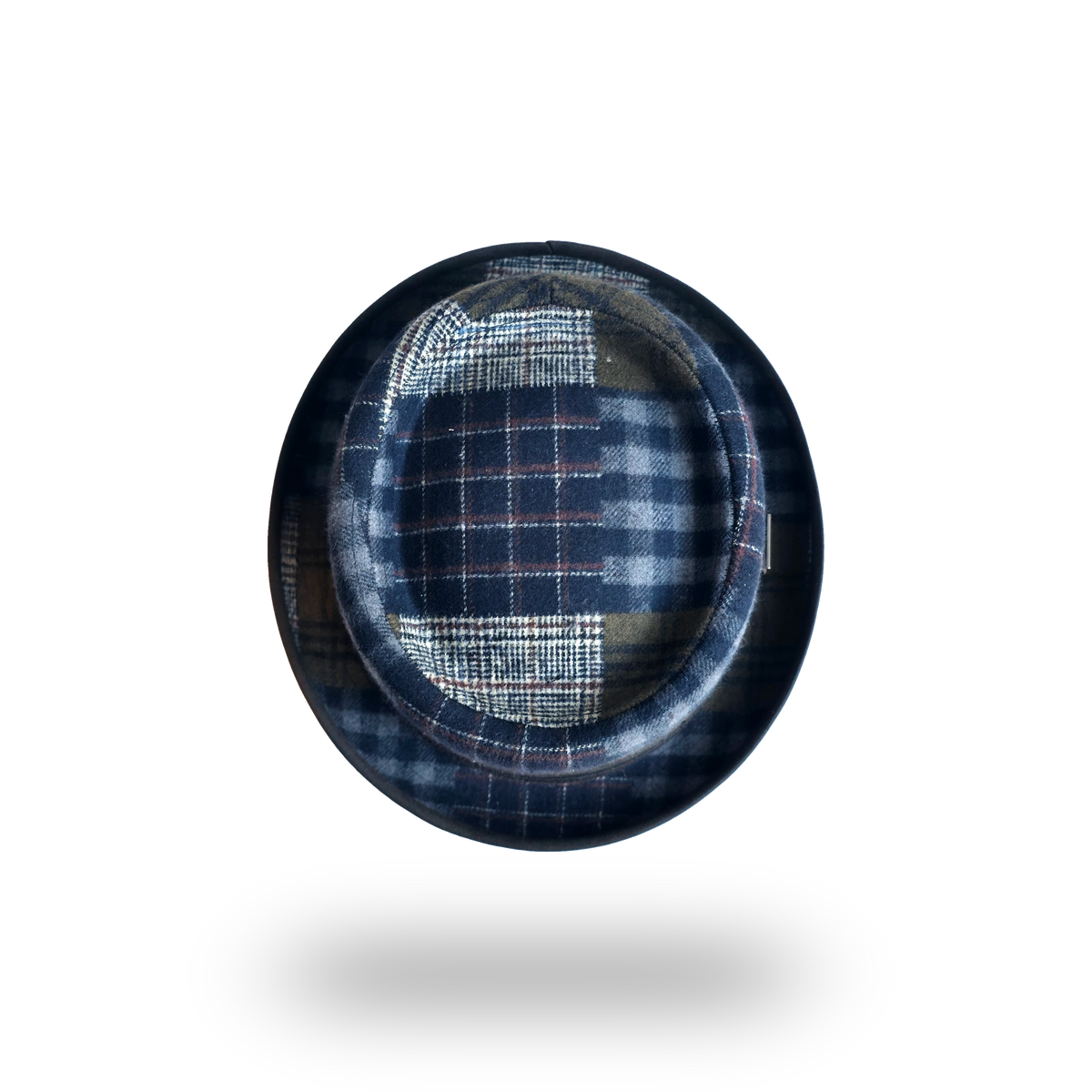 Patchwork check porkpie hat, top view of the crown