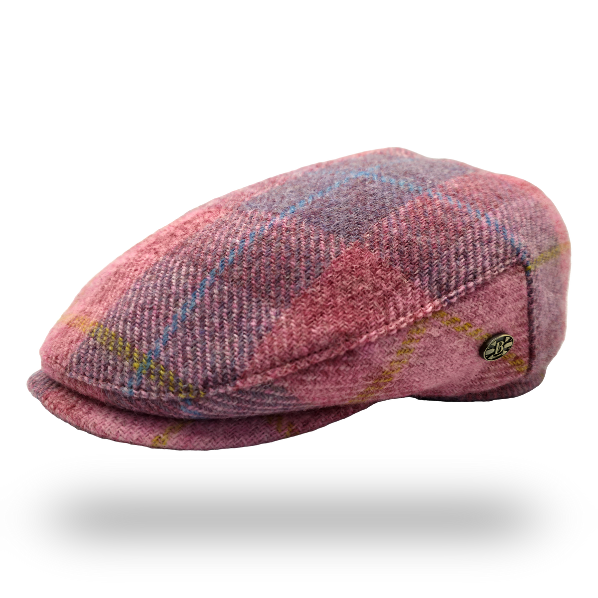 Machair Pink Tartan Harris Tweed Flat Cap, side view with Bullantic badge