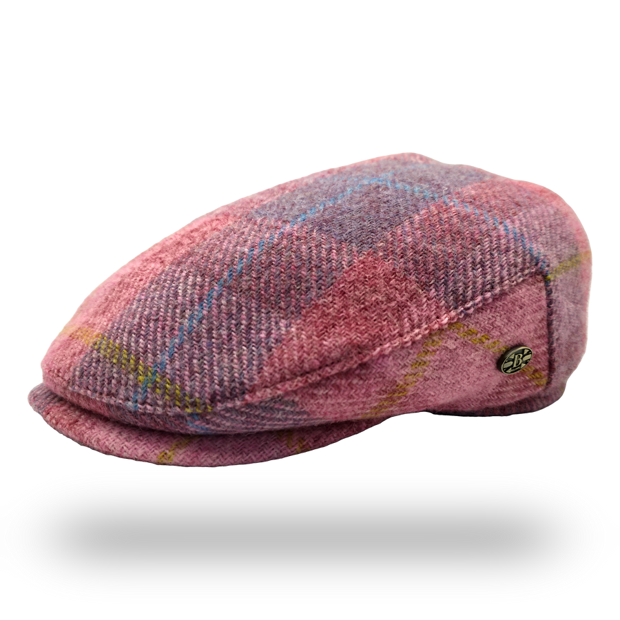 Machair Pink Tartan Harris Tweed Flat Cap, side view with Bullantic badge