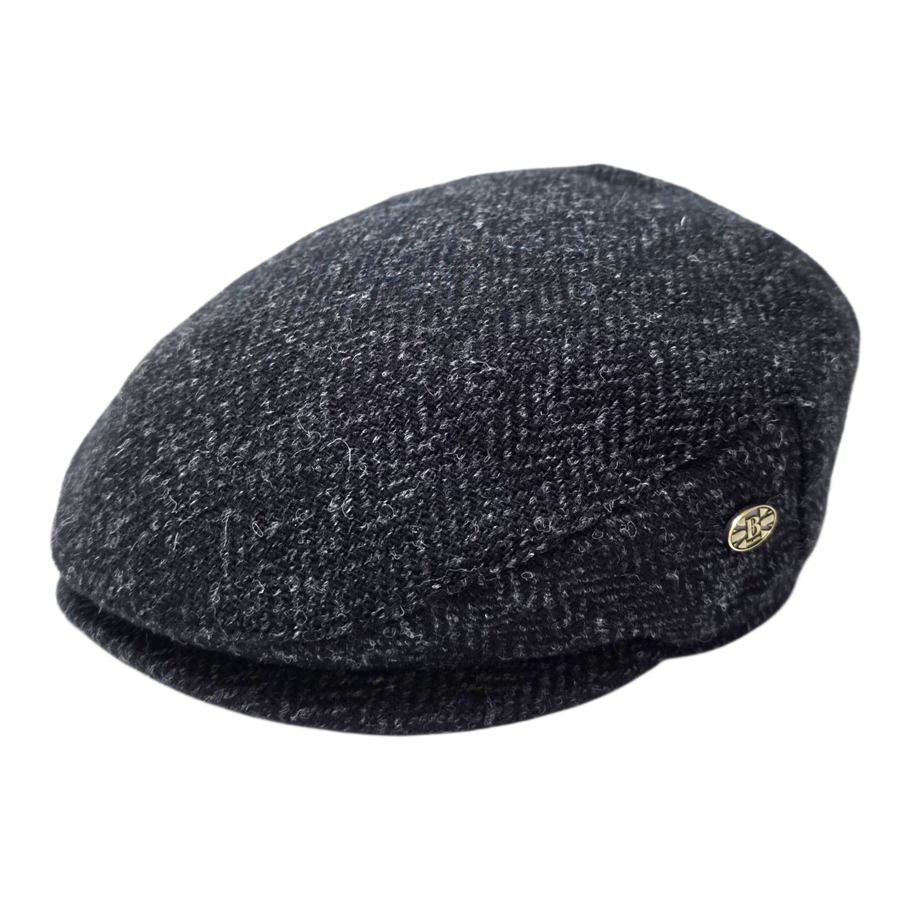 Harris Tweed Herringbone Flat Cap – Black